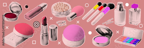 Halftone pop art dot makeup powder lipstick brush foundation perfume palette safety pin cosmetics collection vector illustration
