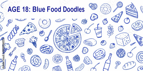 Blue food doodles and illustrations with text indicating age eighteen
