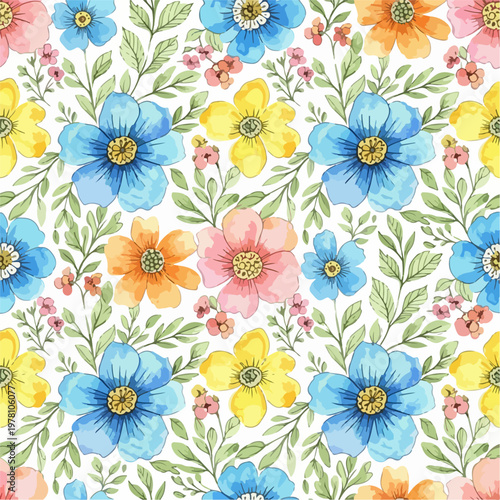 Decorative yellow floral background alive with tulips, blossoms, and colorful mini flower accents.