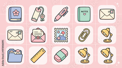A collection of cute, pastel-colored stationery and office supplies arranged in a grid on a pink background.
