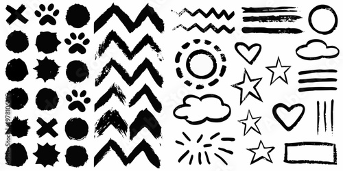 Fotografie Collection of hand drawn black ink brushstrokes and abstract shapes