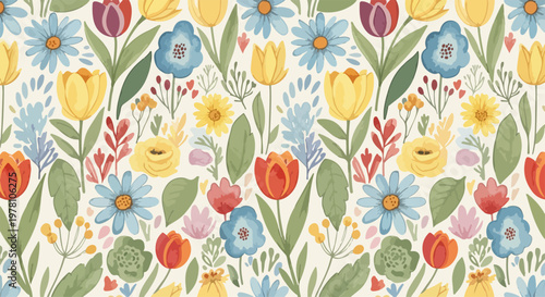 Bright floral surface pattern featuring stylized wildflowers and colorful accents in a handcrafted artistic style.