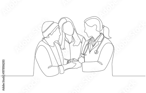 Continuous one line of doctor holding eldery patient hands for comforting, emotional support during medical care concept, single line art