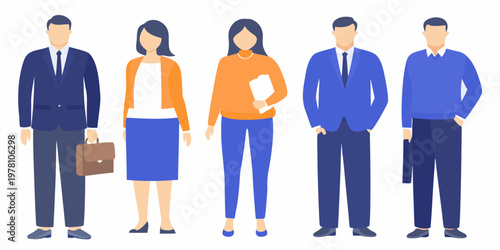 Five diverse professionals stand in a row digitally illustrated