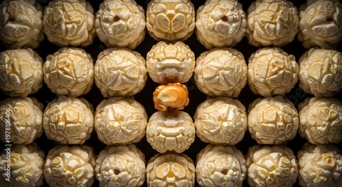 Close up of numerous decorative spheres with a single orange element