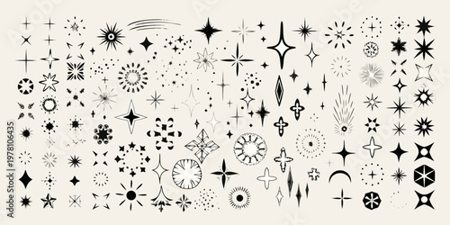 Collection of various black starbursts sparkles and celestial design elements