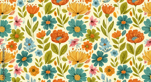 Cute floral fabric print inspired by spring gardens, showcasing pink tulips and turquoise blossoms among lively green leaves.