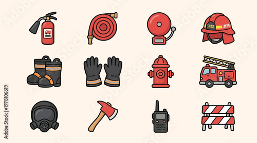 A collection of colorful, cartoon-style icons representing various firefighting equipment and tools, presented on a light background.