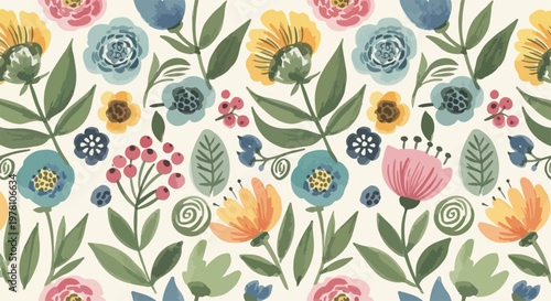 Happy floral textile pattern inspired by blooming countryside gardens, with whimsical flowers and soft organic shapes layered over a bright yellow base.