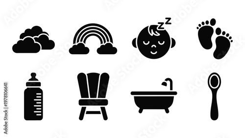 A collection of black silhouette icons representing baby related items such as a bottle rainbow and footprints high quality professional detailed