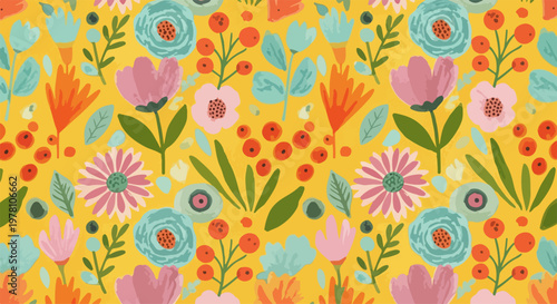 Decorative seamless floral print featuring blooming wildflowers, playful leaves, and miniature colorful petals in a cheerful handcrafted artistic style.