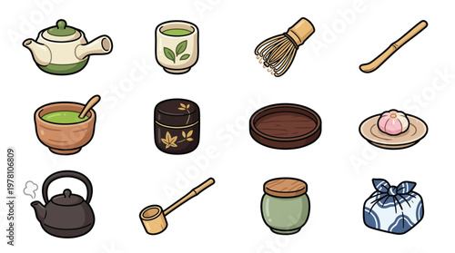 A collection of traditional Japanese tea ceremony utensils and accessories, including teapots, cups, whisks, and sweets.