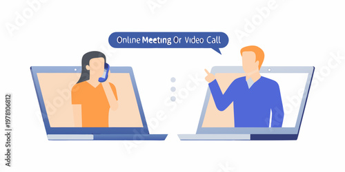 Two people are engaged in a virtual meeting using laptops