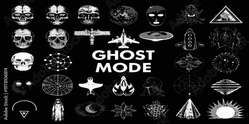 A collection of spooky monochrome icons including skulls spacecraft and symbols