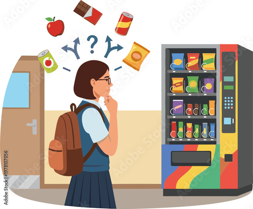 A schoolgirl contemplates snacks from a vending machine in a hallway.