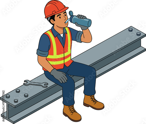 A construction worker sits on a steel beam drinking from a bottle.