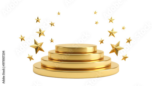 Golden podium with stars on transparent background for awards