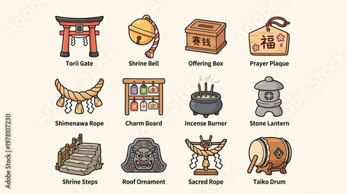 Collection of Japanese Shinto shrine elements and cultural symbols, including Torii gate, bell, offering box, prayer plaque, and more.