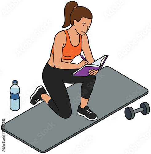 Woman sits on exercise mat with laptop and water bottle nearby.