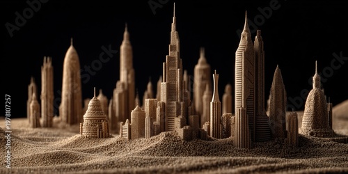 Miniature cityscape made of sand, featuring detailed skyscrapers and architectural structures on a sandy base.