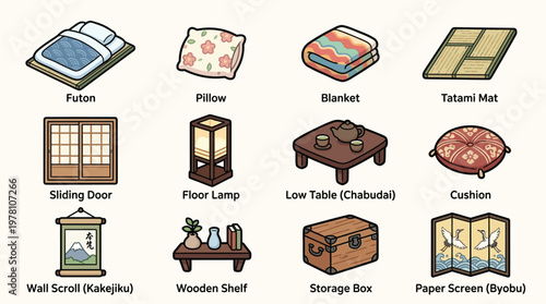 A collection of traditional Japanese interior design elements and furniture, including a futon, tatami mat, and sliding door.