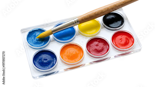 Watercolor paints with brush on palette isolated on transparent background