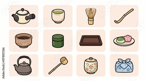 A collection of Japanese tea ceremony utensils and sweets, presented in a grid of twelve illustrations.