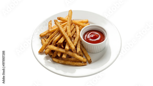 A plate of crispy french fries with ketchup on transparent background