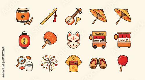 A collection of Japanese cultural icons and festival elements, including traditional instruments, masks, food stalls, and attire, presented in a charming flat illustration style.