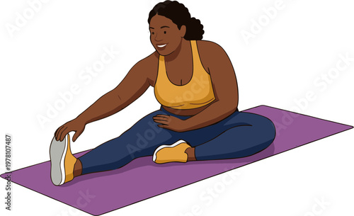 A woman is sitting on a yoga mat and stretching her leg.