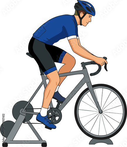 Man riding stationary bike wearing blue helmet and cycling gear
