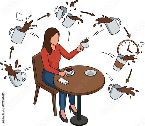 Woman sits at table pouring coffee while surrounded by swirling cups and clock.