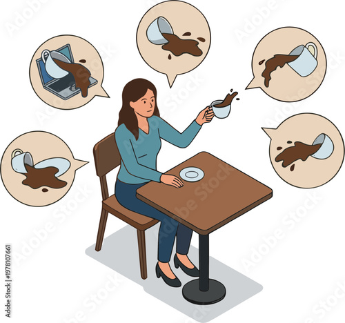 A woman sits at a table, spilling coffee while imagining various messy pours.