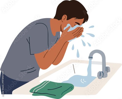Man washing face with cold water from a kitchen sink with towel