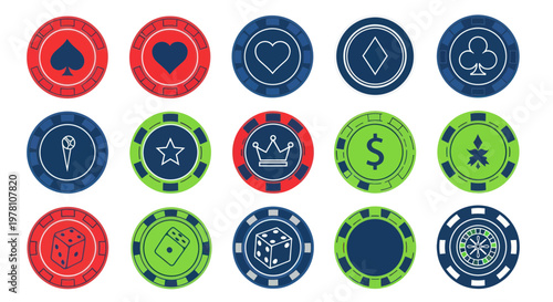 Casino Chips with Card Suits, Dice, Dollar Sign, Crown, and Roulette