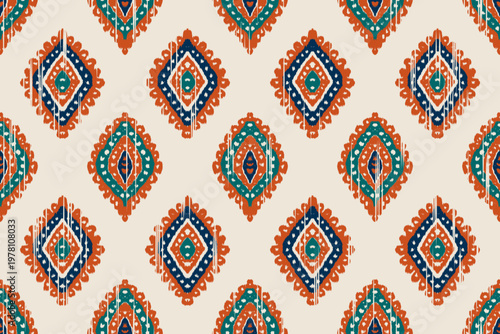 Ikat pattern seamless geometric diamond motif in orange navy and green tones with traditional woven tribal texture for textile fabric prints backgrounds and decorative surface designs.