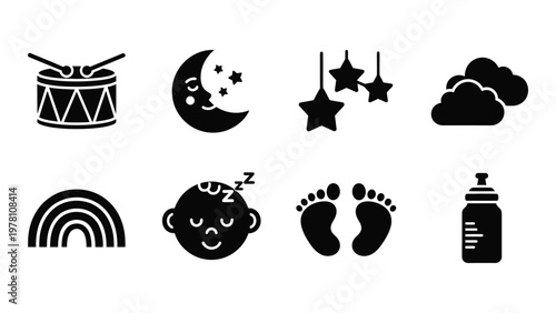 A collection of simple black icons depicts baby related items like a drum moon stars rainbow and baby accessories high quality