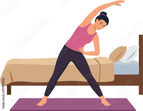 Woman stretching on yoga mat in bedroom