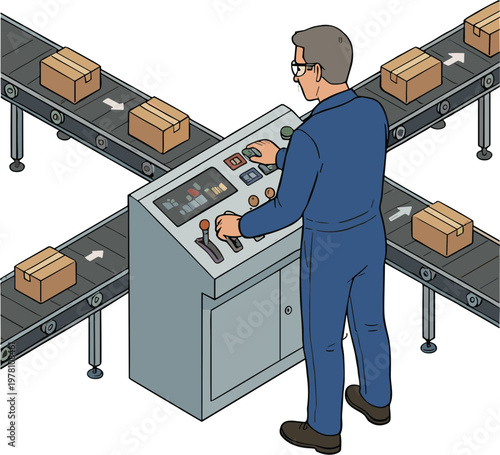 A man operates controls on a conveyor belt system in an industrial setting.