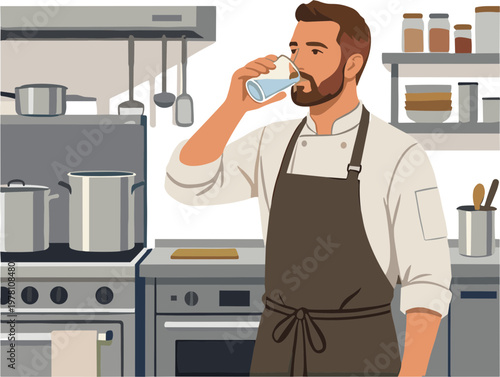 Man drinking water while standing in a kitchen with pots and utensils nearby