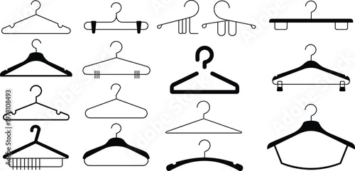 Clothing hanger silhouettes, diverse hanger designs, wire hangers, wooden hangers, plastic hangers, clip hangers, garment storage, fashion accessory, retail display, vector illustration