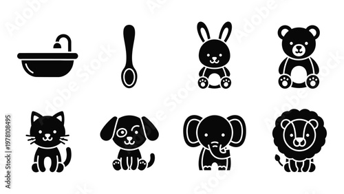 A collection of simple black silhouette icons depicting baby and animal themes including bath items and toys high quality professional detailed