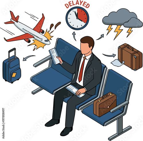 A businessman waits anxiously at the airport due to a flight delay.