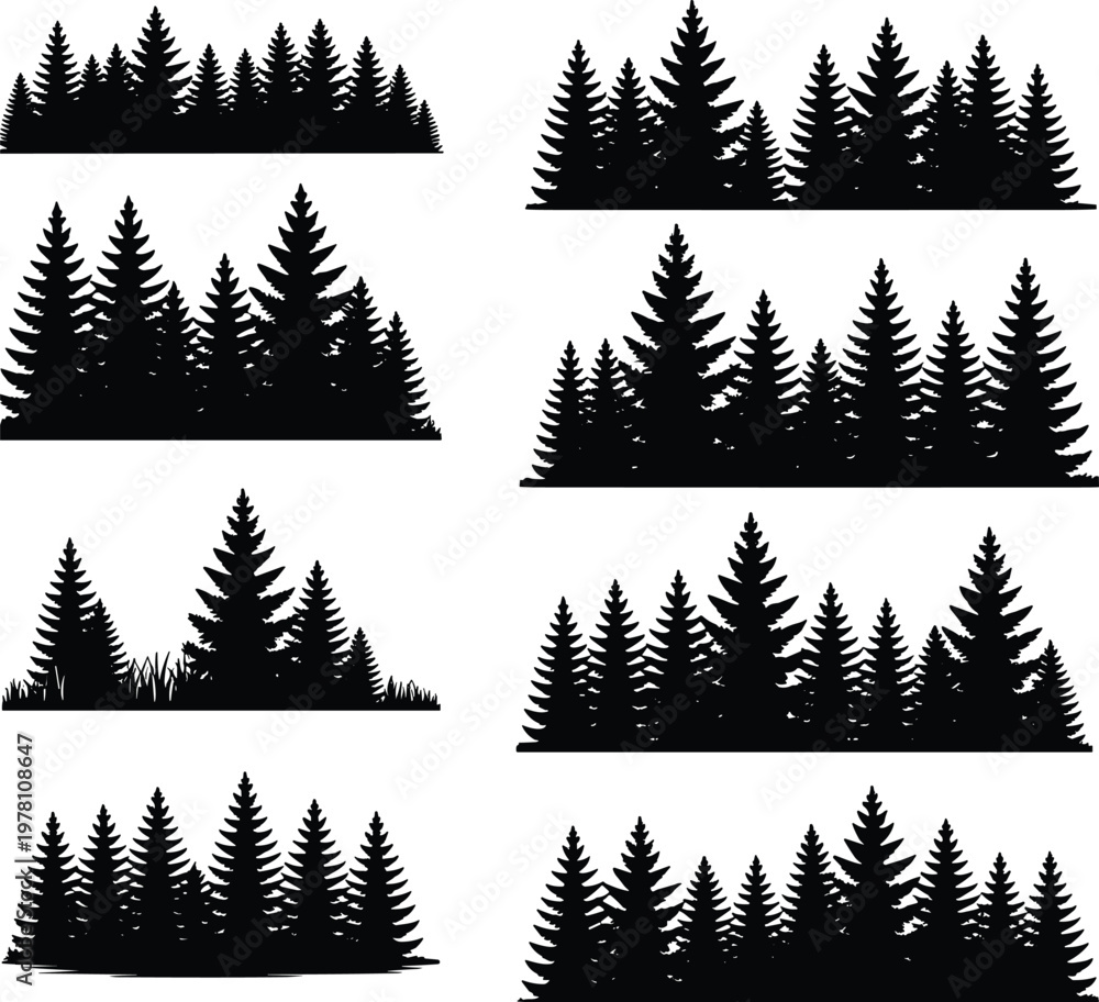 Obraz premium Pine tree silhouettes, fir forest outlines, evergreen clusters, coniferous woodland shapes, black vector illustration, nature design, landscape art, outdoor scenery graphics