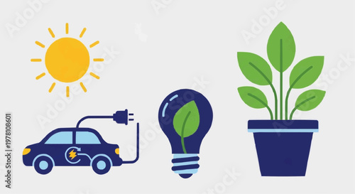 Sustainable green energy icons set, electric car with charging plug and solar sun, eco friendly light bulb and potted plant vector illustration