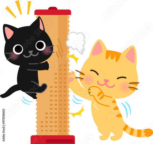 ポール型爪研ぎを使う2匹の猫