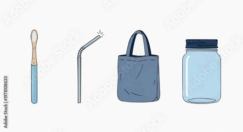 Zero waste lifestyle icons set, eco friendly reusable products, bamboo toothbrush metal straw tote bag and glass jar, sustainable living vector