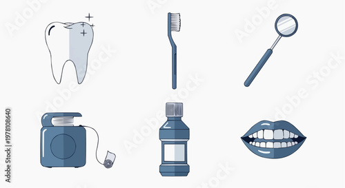 Dental care icon set with tooth, toothbrush and mouthwash. Flat vector dental hygiene collection, stomatology equipment and oral health icons.