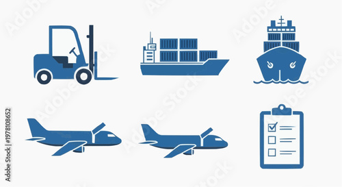 Logistics and shipping icon set, blue industrial transport symbols, cargo ship and airplane delivery icons, forklift and checklist vector elements