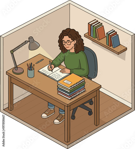 Woman studies at desk with books and lamp in cozy indoor setting